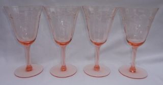 Set 4 Vintage Pink Depression Glass Optic Etched Floral Water Wine