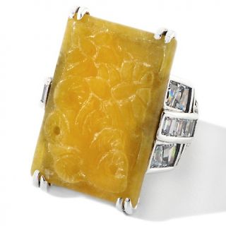 Jade of Yesteryear Carved Yellow Jade and CZ Sterling Silver Ring at