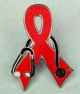 Aids Awareness Red Ribbon Doctor Nurse Stethoscope Pin