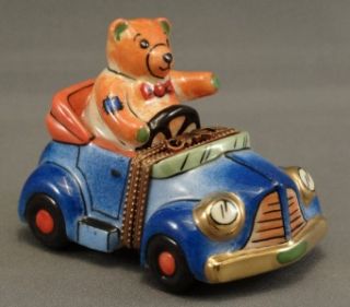 Teddy Bear Driving Car Eximious Limoges France Peint Main Trinket Box