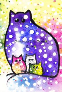 ACEO Original Polka Dot Kitty Family Abstract Cat Art