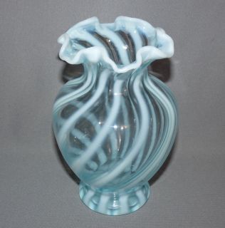 Fenton Glass Blue Opalescent Swirl Vase Fluted Rim 6 1 2 Inches Tall