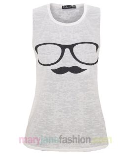 New Ladies Moustache Glasses Face Print Drop Armhole Vest Tank Top UK