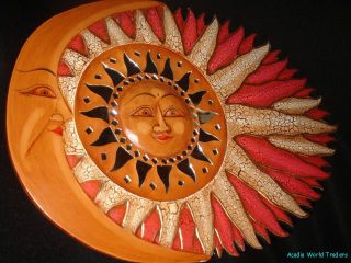 Sun Moon Celestial Sunburst Mosaic Carved Painted Wall Art Bali Red