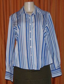 Faconnable Long Sleeve White Blue Brown Cotton Stripe Shirt Ladies