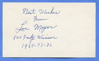 Auto Racing Signed 3x5 Card Lou Meyer Indy 500 3X Winner
