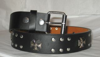 Black Leather Goth Punk Iron Cross Stud Belt Mens or Ladies L Last One
