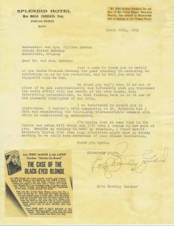 45 Erle Stanley Gardner Perry Mason Autographed Letter