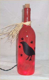 Wine Bottle Light Primitive Night Lite Country Crow Home Decoration