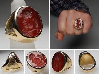 Vintage Estate Mens Band Ring Carnelian Intaglio Solid 14k Yellow Gold