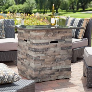 Elegant Patio fire pit table black granite top Faux stone base &Glass