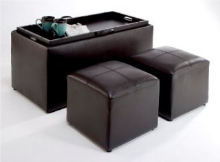 New Faux Leather Storage Bench w 2 Side Ottomans Espresso Coffee Table