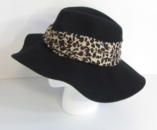 Ladies Wide Brim Wool Felt Floppy Fedora w Leopard Hatband
