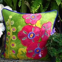 WoolyLady Hurray for Hollyhocks 100% Hand Dyed Wool Applique Pillow