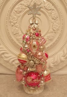 Vintage Pink feather tree glass Ornaments bottle brush tree ** silver