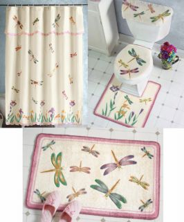 Dragonfly Butterfly Flower Floral Shower Curtain Bath Rug Set Door