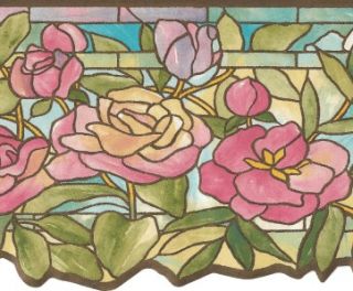 Wallpaper Border Victorian Floral Stained Glass Pastel Pink Blue Green