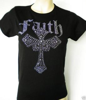Rhinestone Faith Cross T Shirt Women XS M XL 3XL New