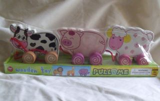 Wooden Toy Pull Me Along Toy Cow Pig Lamb Farm Animals New Set Real