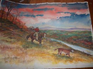 Huge Western Cowboy Cow and Farmland Original Watercolor Unsigned