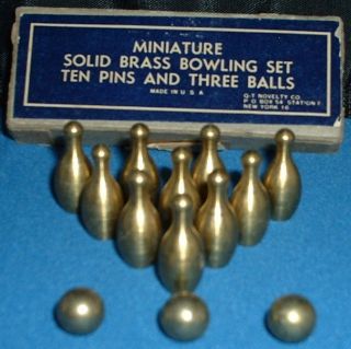   Vintage Antique Solid Brass Bowling Set 10 Pins 3 Balls w Orig Box