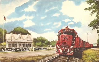   RAILROAD FREIGHT TRAIN 1968 VINTAGE POSTCARD PAINTING by HOWARD FOGG
