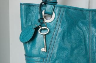 Fossil Hathaway Turquoise Blue Leather Glazed Large Tote Handbag
