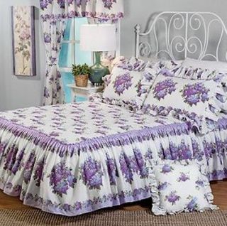 Purple Lilac Flower Floral Border Ruffle Bedspread Set Bed Cover Queen
