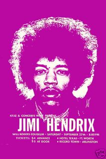 Classic Rock Jimi Hendrix at Fort Worth Texas Concert Poster Circa