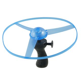Black Handle Pull String Wind up Blue Plastic Flying Disk Toy w 3 LEDs