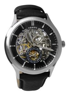 Fossil ME3020 ansel black skeleton dial leather strap men watch NEW