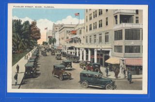 Flagler Street & Cars @ Miami, Fl Vintage Street Scene Postcard