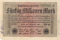 1923 issue 50 million mark banknote. Worth approximately $1 US when