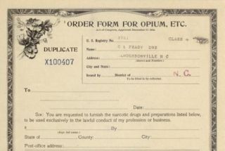 1918 Authentic OPIUM Heroin Narcotic Order Form Hendersonville, North
