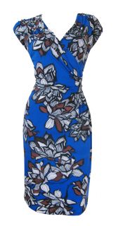 Blue Brown Dramatic Floral Print Stretch Day Dress Tonya Size 8 New