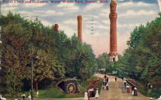Floral Clock Water Works Park Detroit MI Postcard