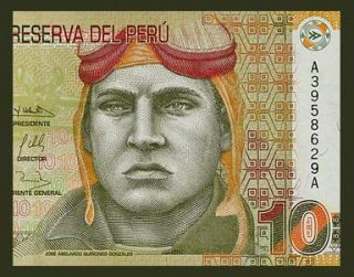 10 NUEVOS SOLES Banknote of PERU 2009   PILOT Hero Quiñones   Machu