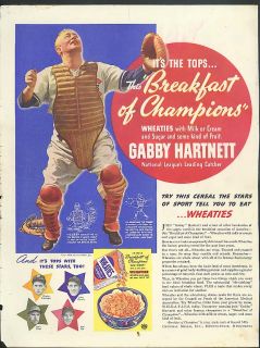 Chicago Cubs Gabby Hartnett for Wheaties Cereal Ad 1938