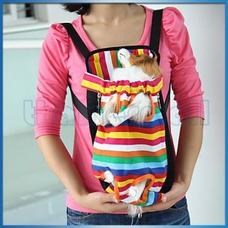 Pet Dog Colorful Striped Front Back Carrier Mesh Backpack Bag Legs Out