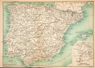 Lithograph Map Spain Castile Andalusia Galicia Aragon Catalonia Murcia