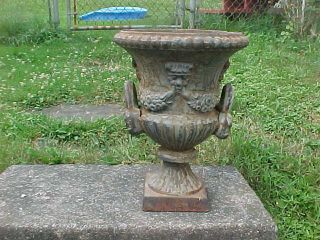 19thC Victorian Cast Iron Garden Flower Urn with Gargoyle Heads Flower