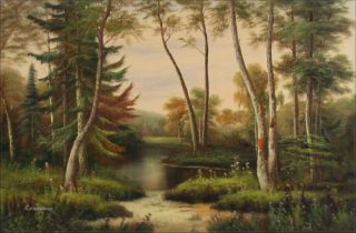High Q Hand Painted Oil Painting Birch Forest with A Waterhole