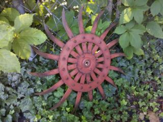 Old Industrial Garden Cultivator Wheel Gear Wall Decor Sculpture Red