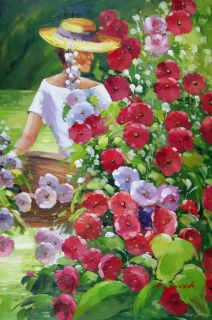 Woman Big Hat Rose Garden Flowers Red White Floral Stretched 24x36 Oil