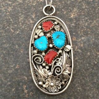 Old Pawn Amazing Large Navajo Sterling Silver Turquoise Coral Pendent