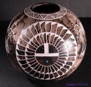 gary louis acoma etched horsehair pottery vase