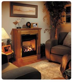 Shown Vail 20 with Oak Cabinet Mantel, Oak Base and Ceramic Brick