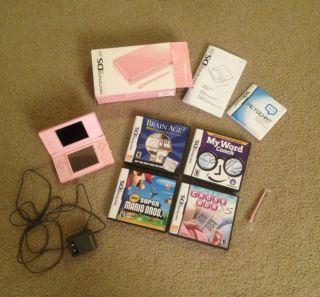 Pink Nintendo DS Lite Game System 4 Games Super Mario Bros Brain Age