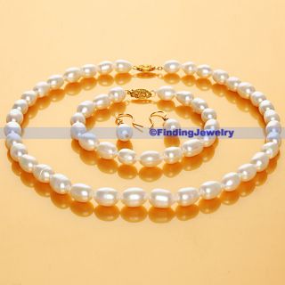 Freshwater White Pearl Necklace Earrings Bracelet Set AAA Service
