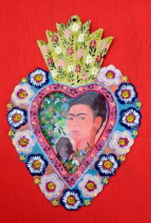 LG Painted Frida Kahlo Milagro Heart Self Portrait with Monkey Folk